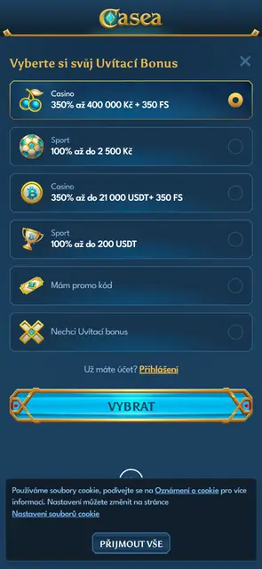 Výběr uvítacího bonusu v češtině na webu Casea